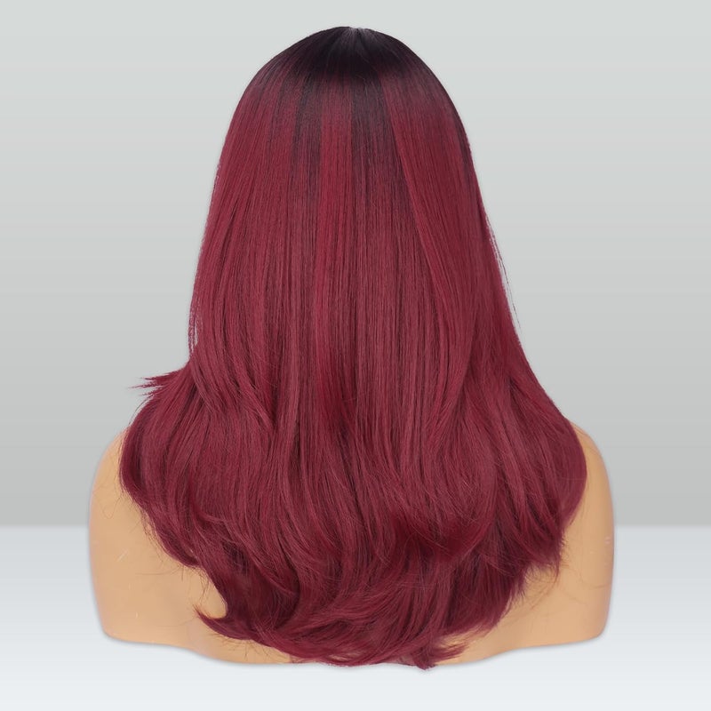 FESHFEN باروكات مع غرة للنساء، باروكة شعر صناعية طبيعية المظهر بلون أومبري أحمر نبيذي طويلة ومصففة بشكل طبقات للشعر المستقيم للنساء للاستخدام اليومي والحفلات، 18 بوصة - Image 4